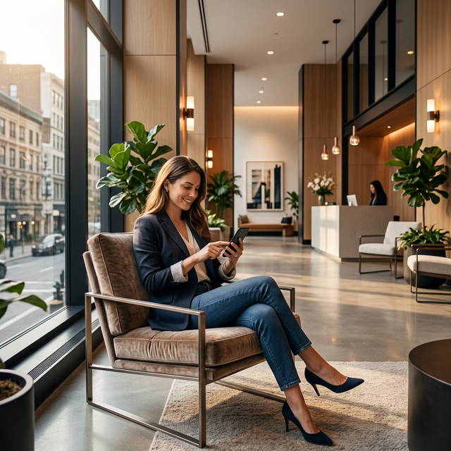 Person managing their community from their smartphone in a modern building lobby